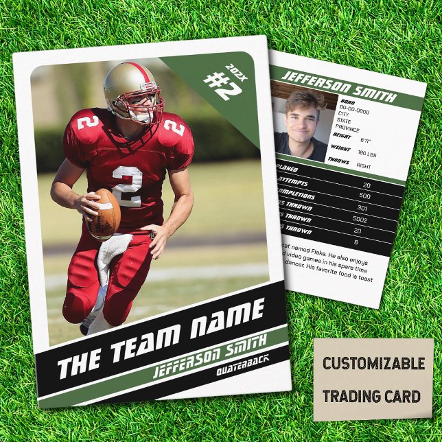 Équipe de football carte de commerce cadeaux de sp (American Football Player Trading Card in White with Custom Team and Player Name with Green Stripes
)
