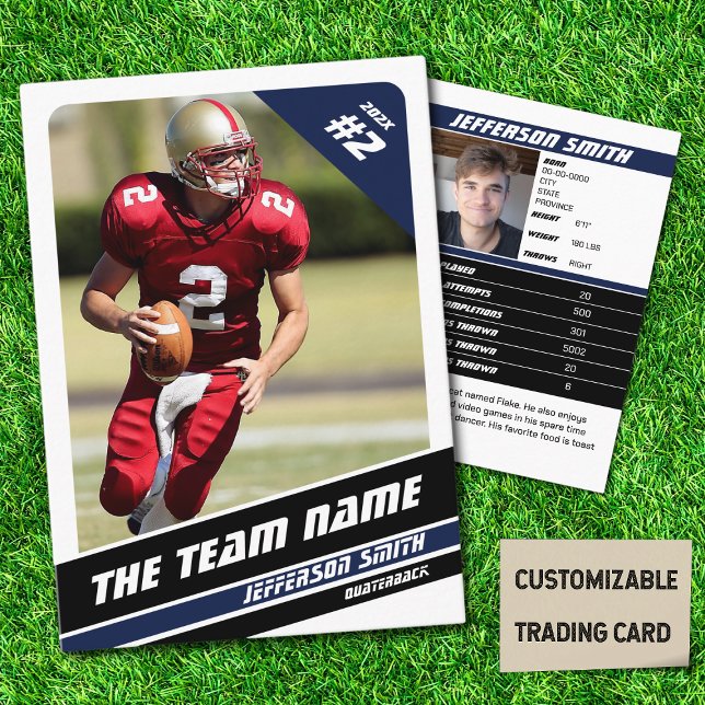 Équipe de football carte de commerce cadeaux de sp (American Football Player Trading Card in White with Custom Team and Player Name with Blue Stripes
)
