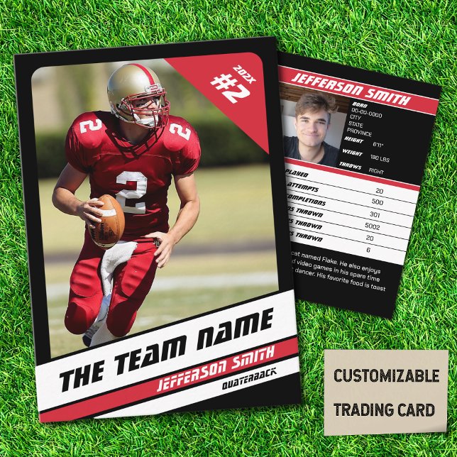 Équipe de football carte de commerce Sport cadeau  (American Football Player Trading Card in Black with Custom Team and Player Name with Red Stripes
)