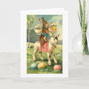 Équitation vintage de lapin sur la carte de Pâques