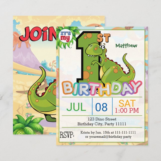 ęr Invitation de dinosaure de fête d'anniversaire (Devant / Derrière)
