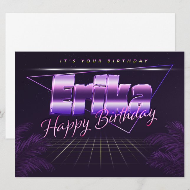 Erika prénom carte rétro lilas anniversaire (Devant / Derrière)