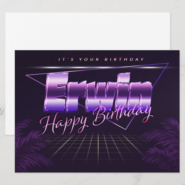 Erwin Nom Prénom lila retro Carte Anniversaire (Devant / Derrière)