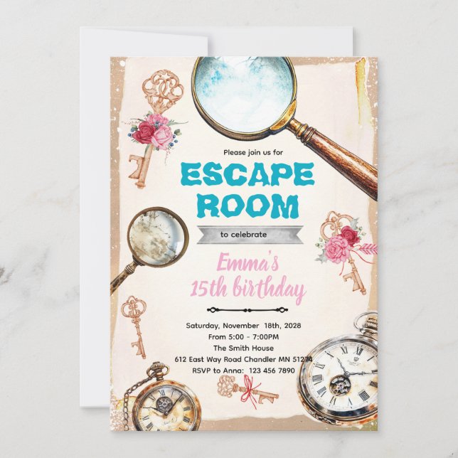 Escape room girl party invitation (Devant)