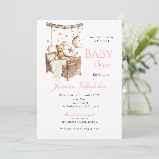 Espagnol Baby shower Invitation ours fille (Debout devant)