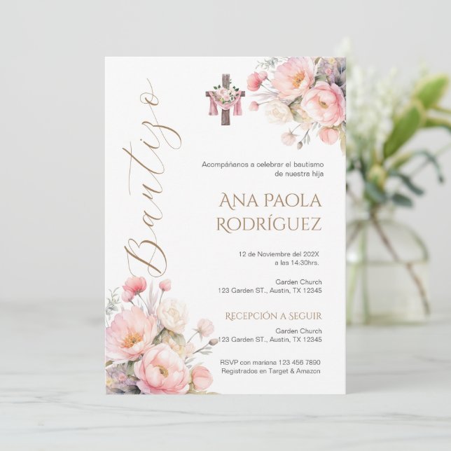 Espagnol Boho Floral Girl Baptism Invitation (Debout devant)
