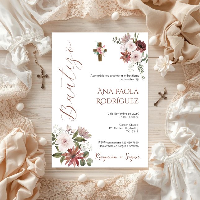 Espagnol Boho Floral Girl Baptism Invitation (Créateur téléchargé)