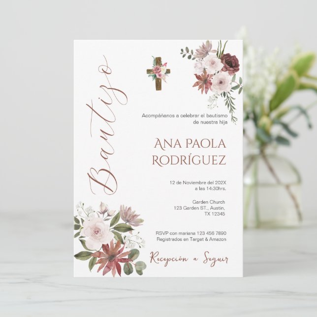 Espagnol Boho Floral Girl Baptism Invitation (Debout devant)