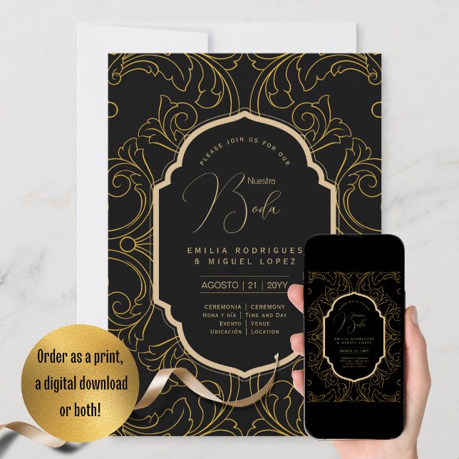 Espagnol Invitation Mariage Élégant Noir Or Mariag (Créateur téléchargé)