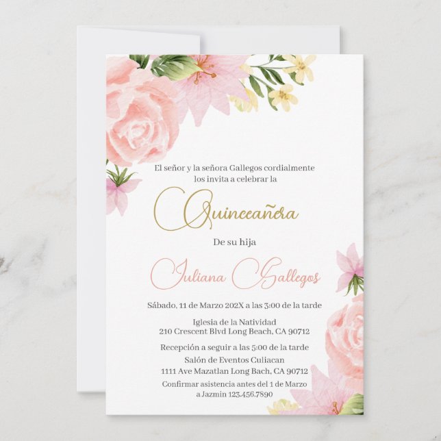 Espagnol rose Floral Quinceanera invitation (Devant)