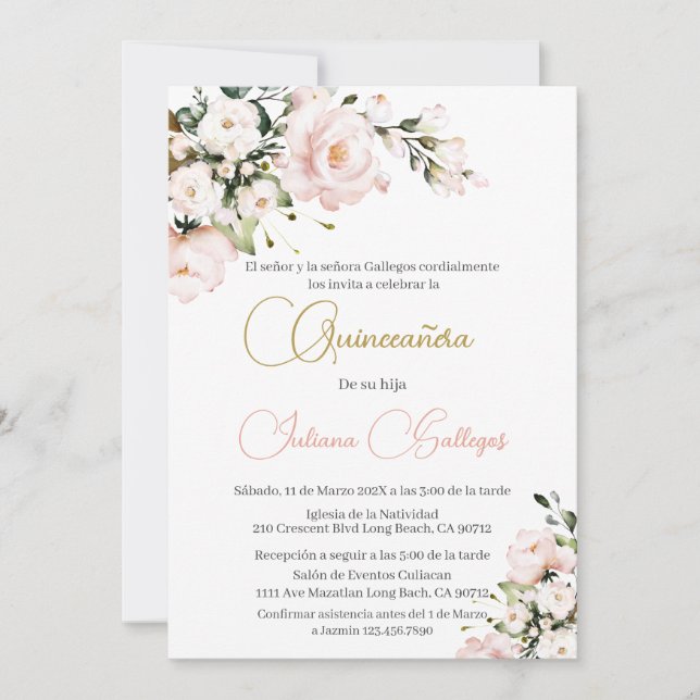 Espagnol rose Floral Quinceanera invitation (Devant)