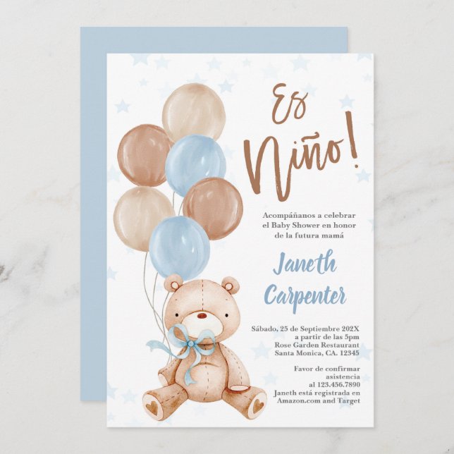 Espagnol Teddy Bear Baby shower garçon Invitation (Devant / Derrière)