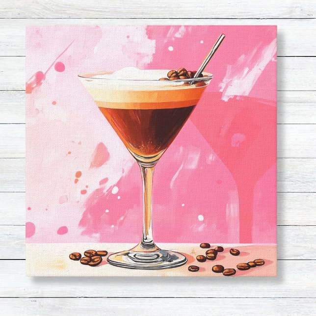 Espresso Martini avec toile de haricots de café (Espresso Martini and Coffee Beans Kitchen or Home Bar Wall Art - Vibrant Pink Paint)