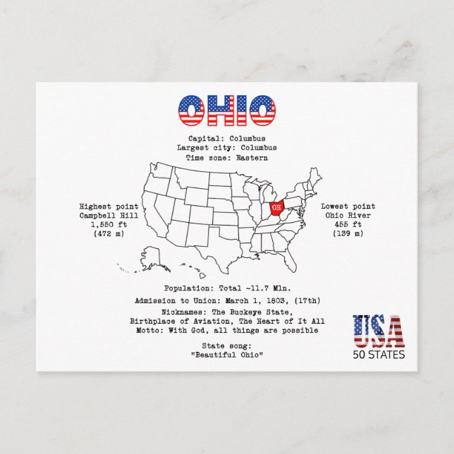 Etat américain de l'Ohio sur une carte et des info (Devant)
