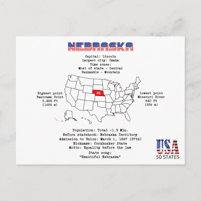 État américain du Nebraska sur une carte et des in (Devant)