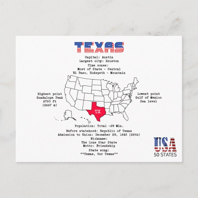 État américain du Texas sur une carte et des infor (Devant)