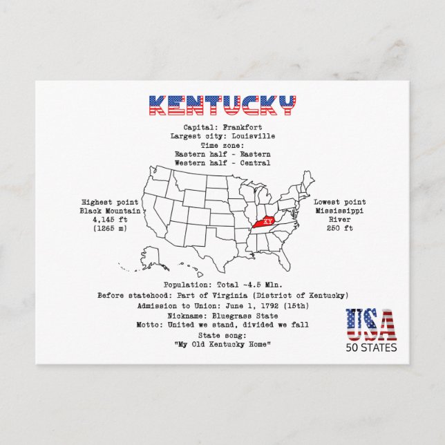 État du Kentucky American sur une carte et des inf (Devant)