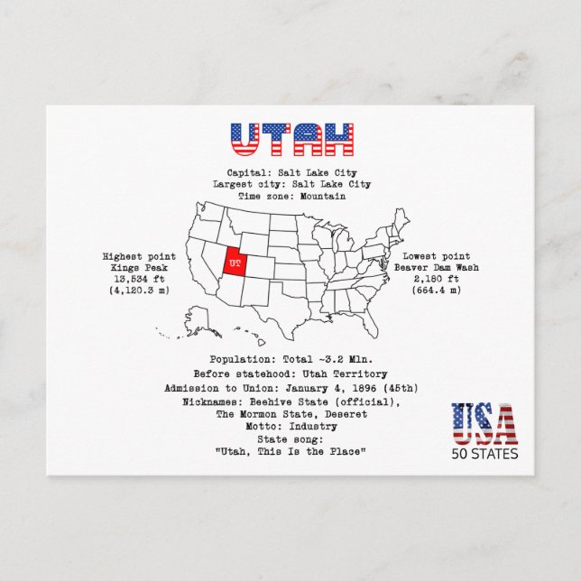 Etat Utah Américain sur une carte et des informati (Devant)