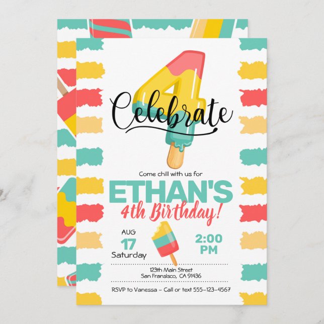 Été 4e anniversaire Invitation avec Popsicle (Devant / Derrière)