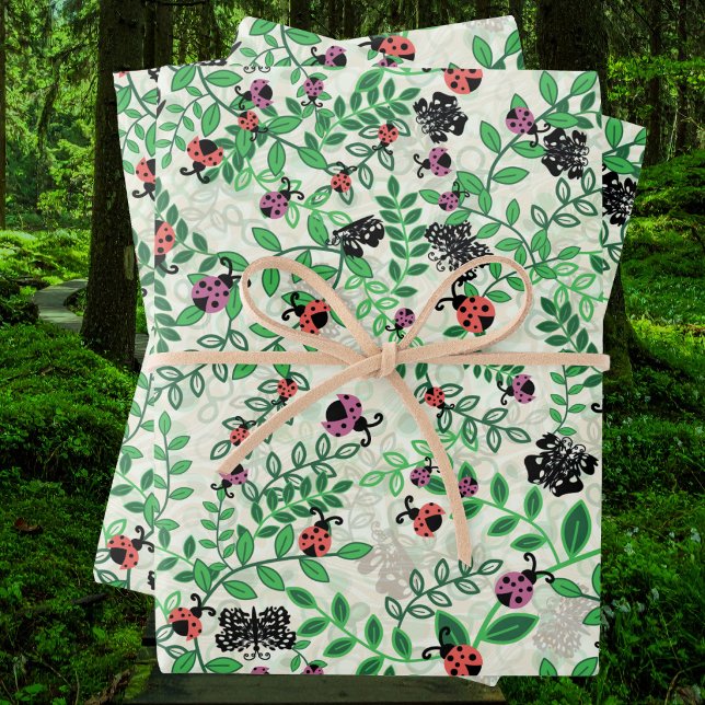 Été - coccinelles, papillons et feuilles (Summer - Lady Bugs, Butterflies and Leaves Wrapping Paper Sheets)