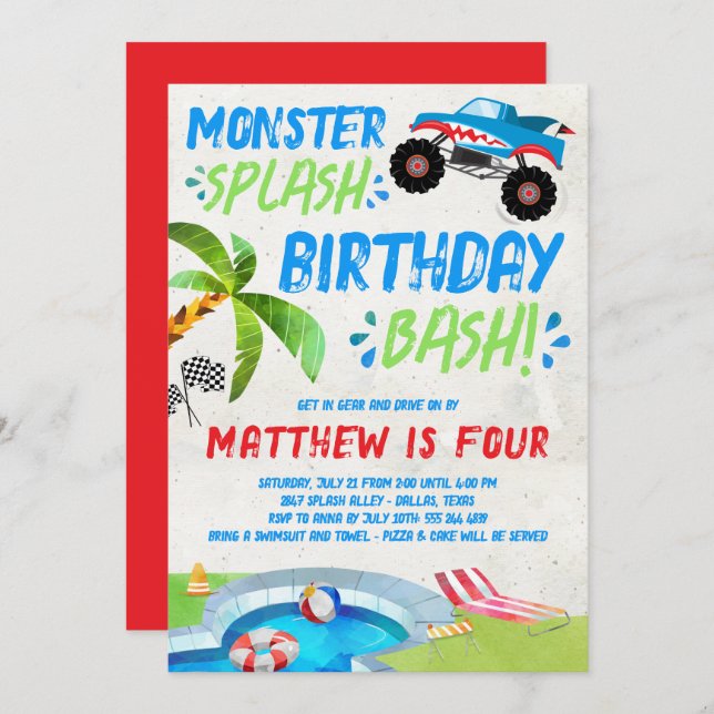 Été Monster Camion Anniversaire Fête Invitation (Devant / Derrière)