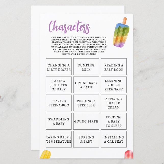Été Popsicle Baby shower Jeu caractères (Devant / Derrière)