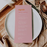 Été rétro | Menu du dîner Mariage rose et orange<br><div class="desc">Cette carte rétro du dîner mariage rose et orange est parfaite pour un mariage coloré. Le design vintage moderne et unique est doté d'une palette de couleurs vives, rose vif, orange vif et rose chaud, avec des beignets de plage tropicaux amusants. Ce menu peut être utilisé pour une réception de...</div>