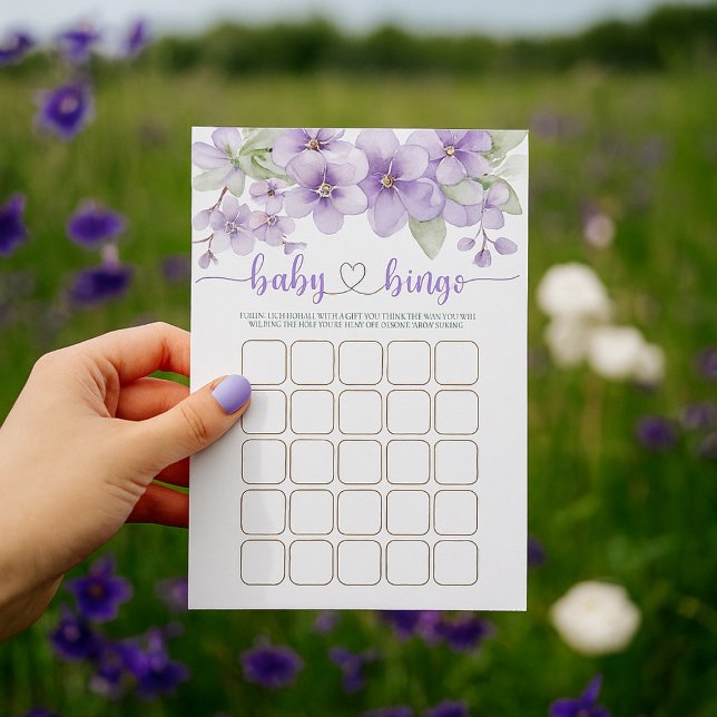 Été Violet Fleur violet Baby shower Bingo Jeu (Summer Purple Violet Flower Baby Shower Bingo Game)