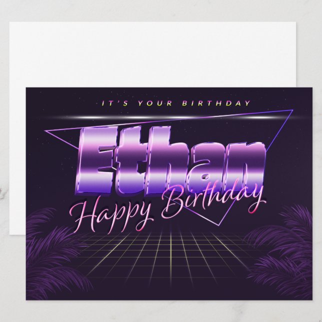Ethan Nom Prénom carte rétro lilas Anniversaire (Devant / Derrière)