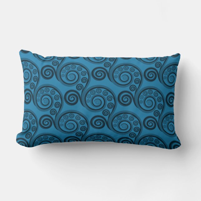Ethnic Blue Fern Frond Swirls Lumbar Coussin (Recto)