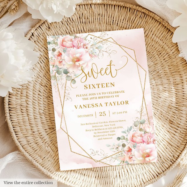 Étincelle Pale Rose Or Peonies Douce 16 Invitation (Sparkle Pale Pink Gold Peonies Sweet 16 Invitation)
