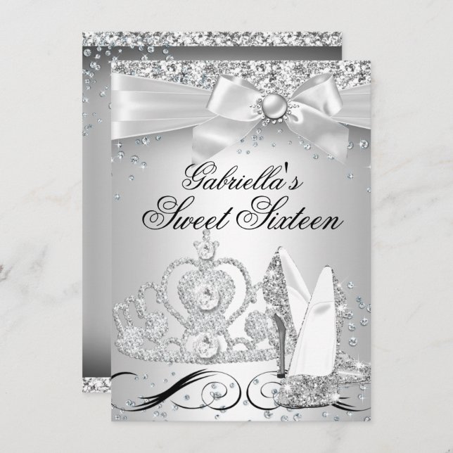 Étincelle Tiara Talons Silver Sweet 16 Invitation (Devant / Derrière)