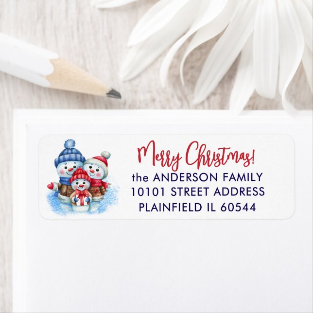 Étiquette 150 Snowman Family Merry Christmas Return Address (En situation)