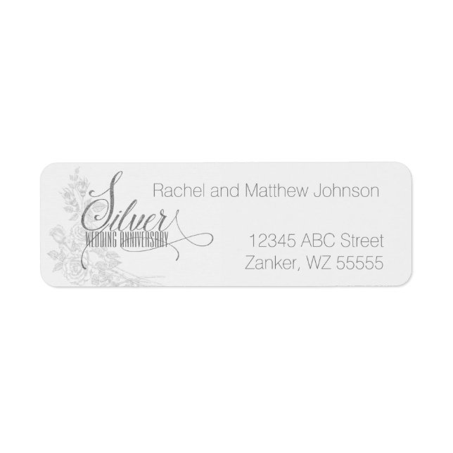 Étiquette 25e anniversaire d'argent avec des roses blanches (Devant)