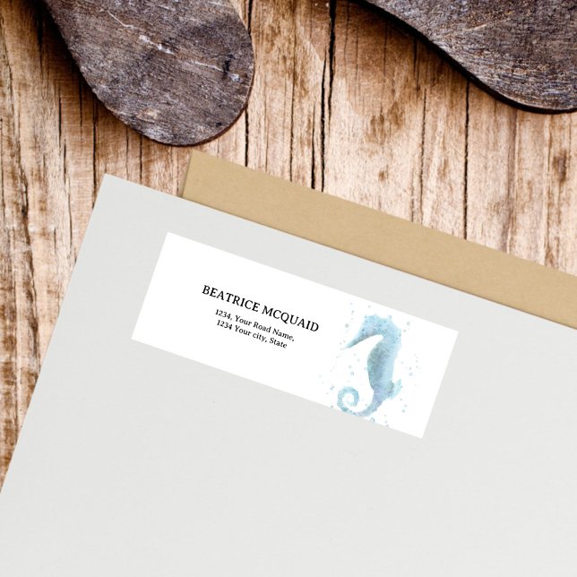 Étiquette 2e anniversaire Dusty Blue Seahorse (Watercolor Seahorse Return Address Label)