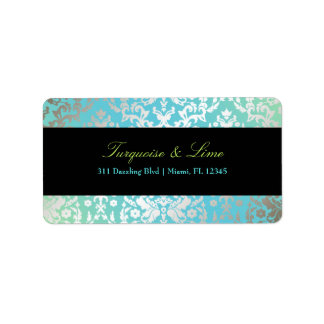 Étiquette 311-Dazzling Damask Turquoise & Lime Black