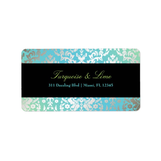 Étiquette 311-Dazzling Damask Turquoise & Lime Black (Devant)