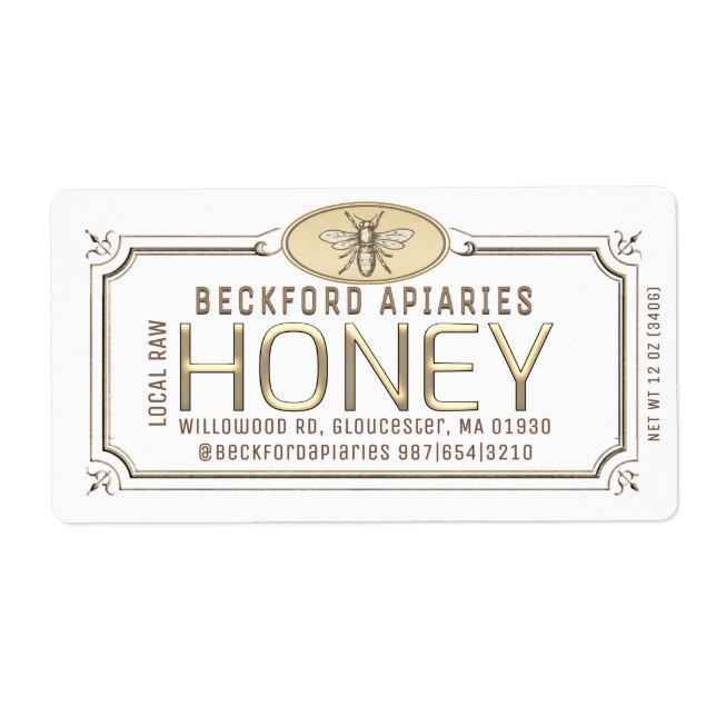 Étiquette 3.75 x 2" Metallic 3D Framed Honey Label with Bee  (Devant)