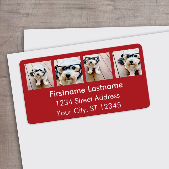 Étiquette 4 Photo Instagram Collage - Holiday Red (Custom Address Label)