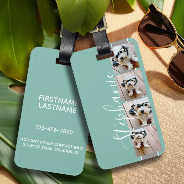 Étiquette À Bagage 4 Photo Collage Nom de la bande de film - aqua gre (Personalized luggage tag with photo collage and monogram - contact info on back)
