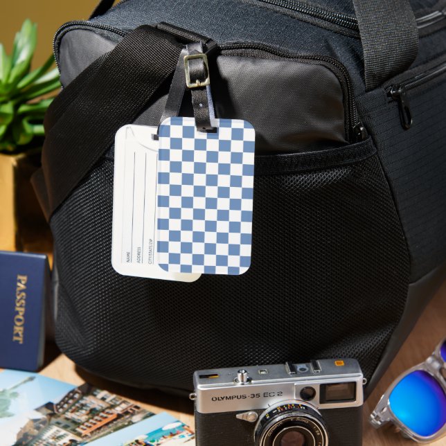 Étiquette À Bagage à damiers bleu/gris et blanc (Recto & Verso)