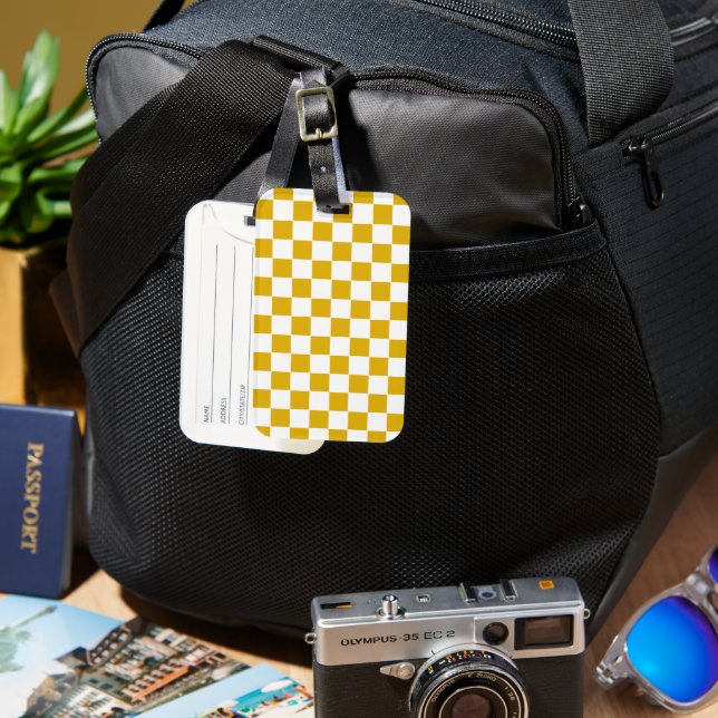 Étiquette À Bagage à damiers moutarde jaune et blanc (Recto & Verso)