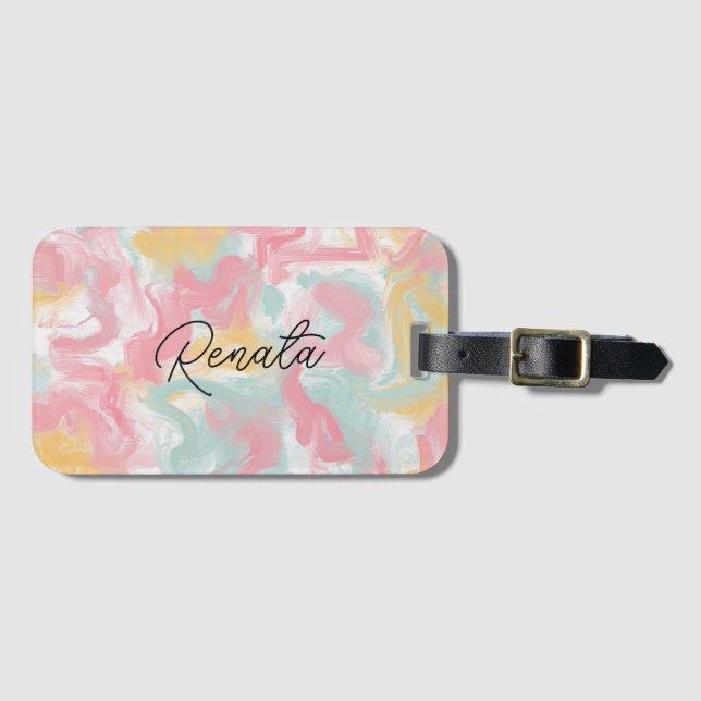 Étiquette À Bagage Abstrait Impasto Peinture Corail Jaune Turquoise (Devant Horizontal)