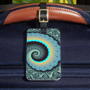Étiquette À Bagage Abstraite spirale d'art fractal bleu turquoise ora