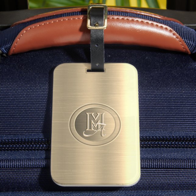 Étiquette À Bagage Acier Or Métallisé Monogramme Gravé (Insitu Rectoal 2)