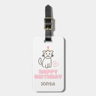 Étiquette À Bagage Adorable Chat dans un Casquette d'anniversaire