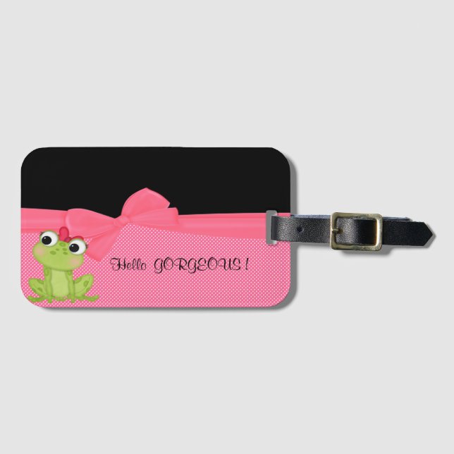 Étiquette À Bagage Adorable Grenouille mignonne sur Pois-Bonjour magn (Devant Horizontal)