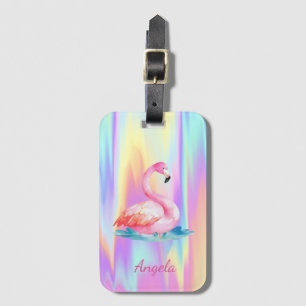 Étiquette À Bagage Adorables Flamants Roses Holographiques Mignons
