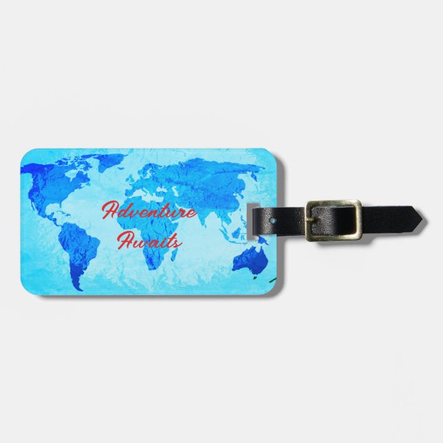 Étiquette À Bagage Adventure Await World Map Turquoise Blue Cadeau Fa (Devant horizontal)