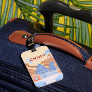 Étiquette À Bagage Affiche de voyage à Pékin Chine Bleu pastel et p